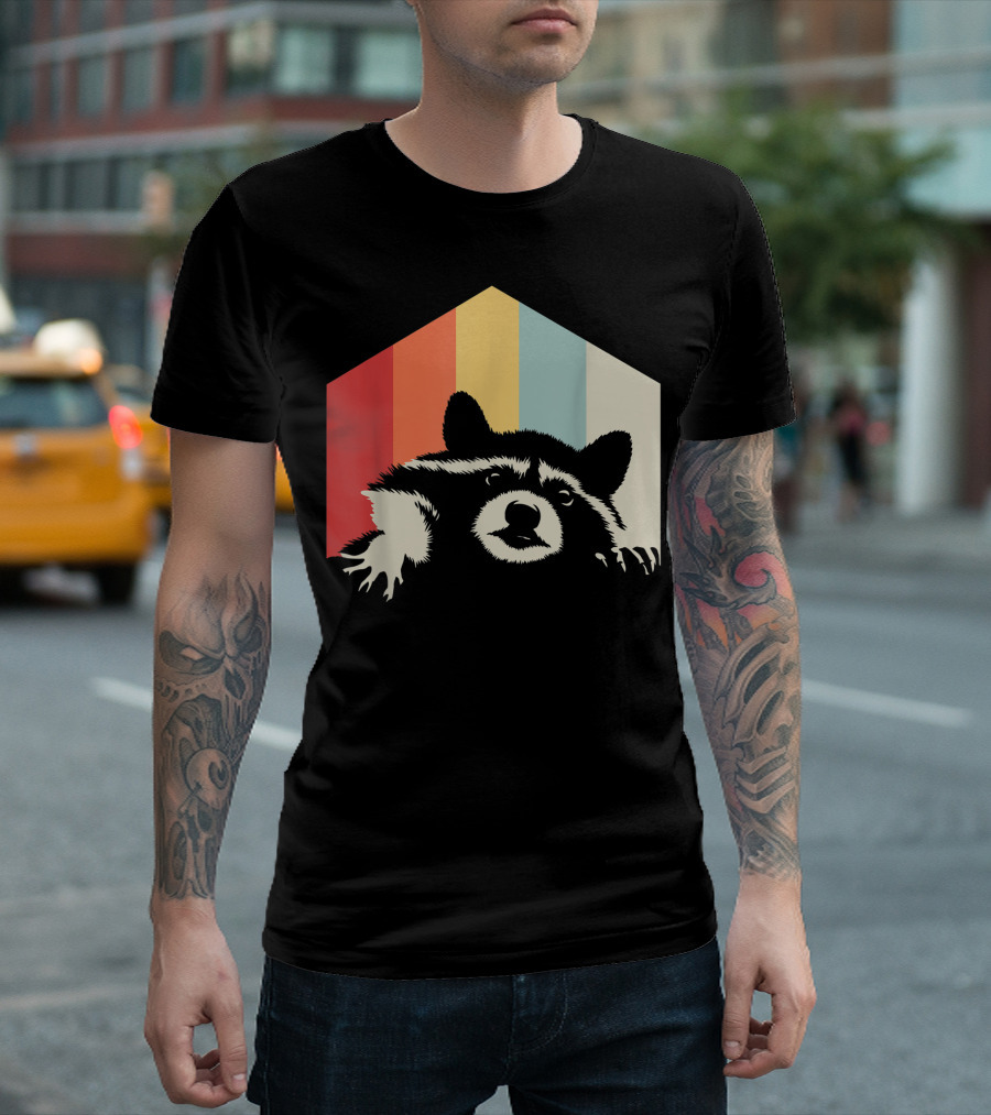 Retro Raccoon Vintage Stripes House Shape T-Shirt
