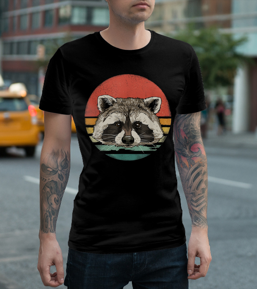 Retro 70s Vintage Raccoon Lover Sunset Stripes T-Shirt