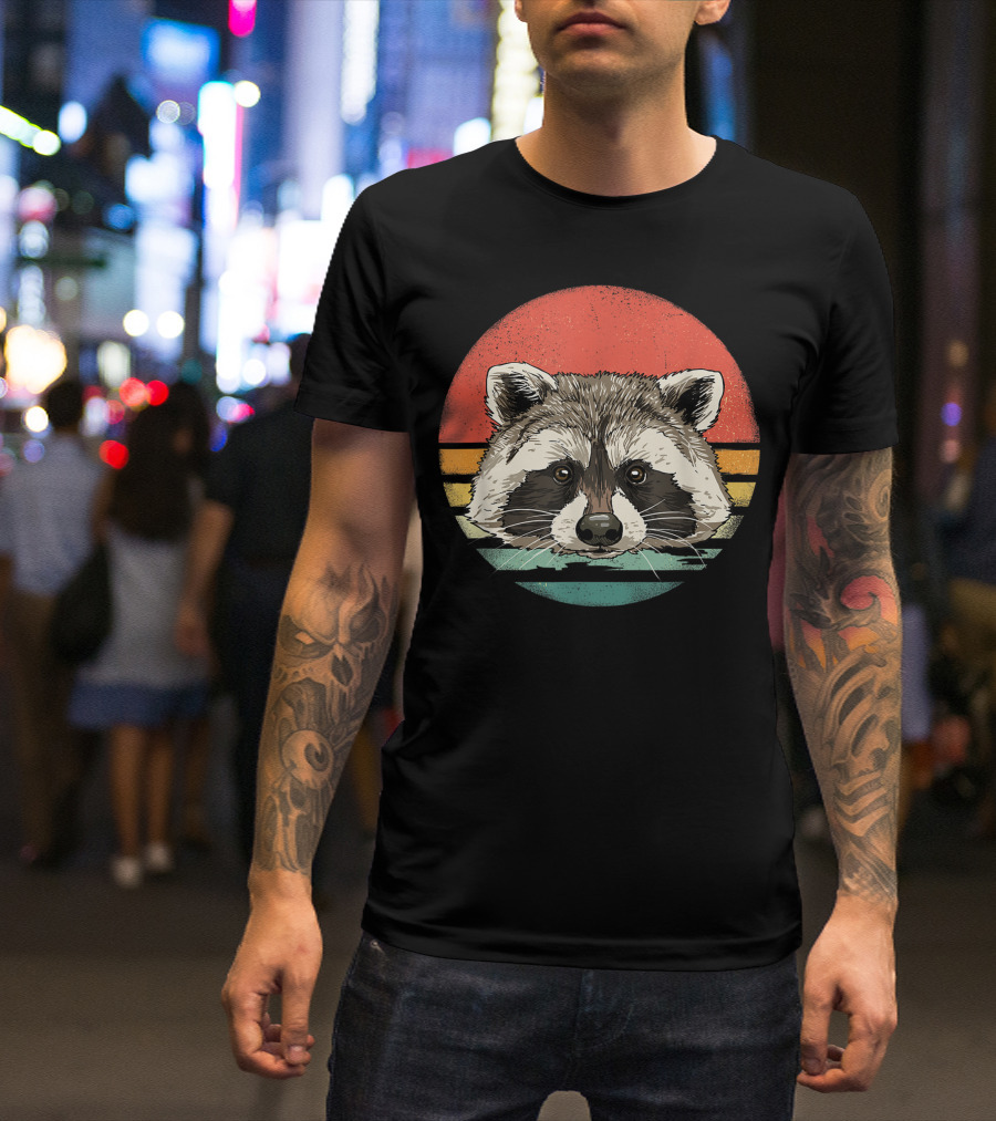 Retro 70s Vintage Raccoon Lover Sunset Stripes T-Shirt