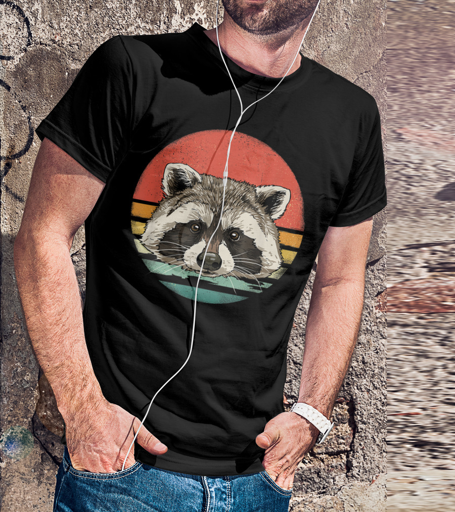 Retro 70s Vintage Raccoon Lover Sunset Stripes T-Shirt