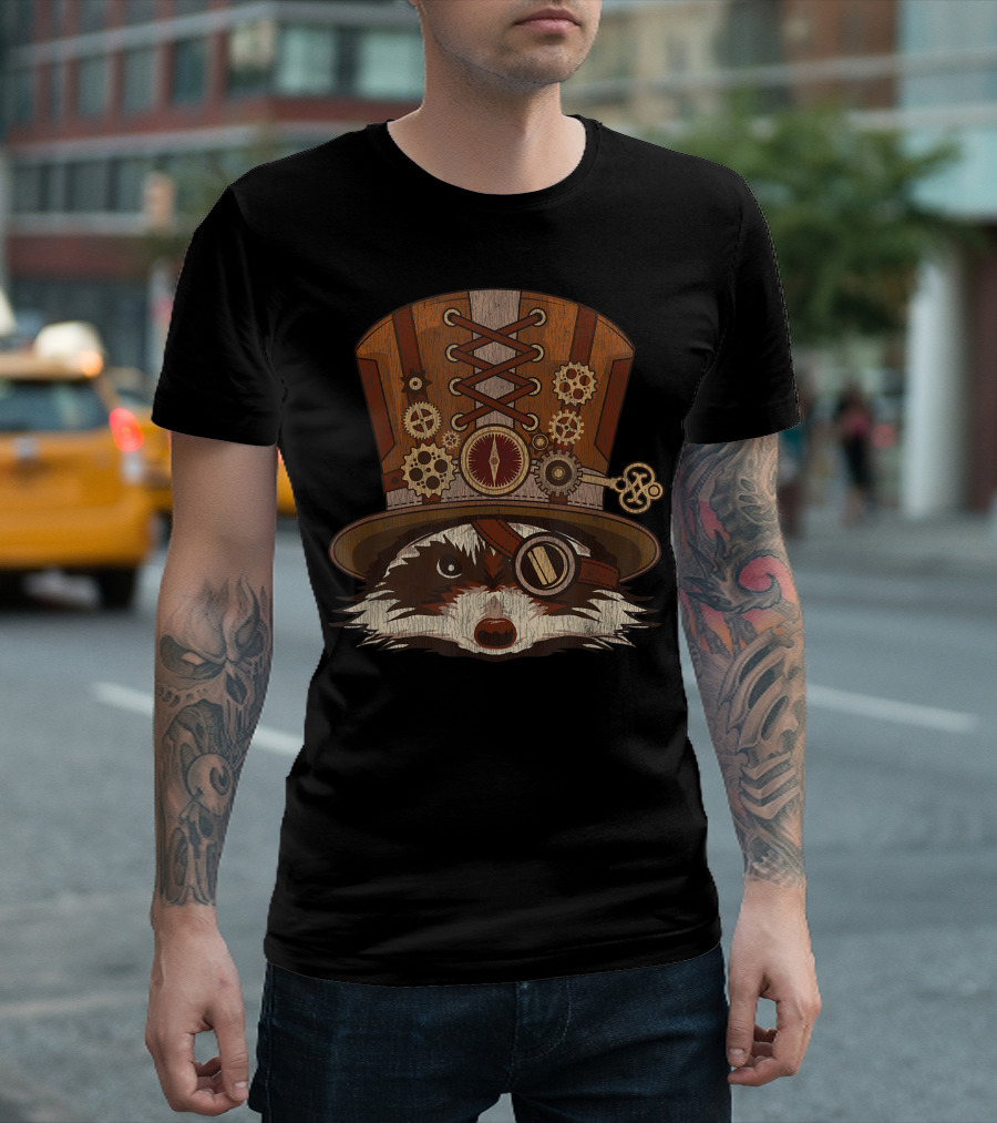 Steampunk Gear-Filled Raccoon Top Hat Adventure T-Shirt