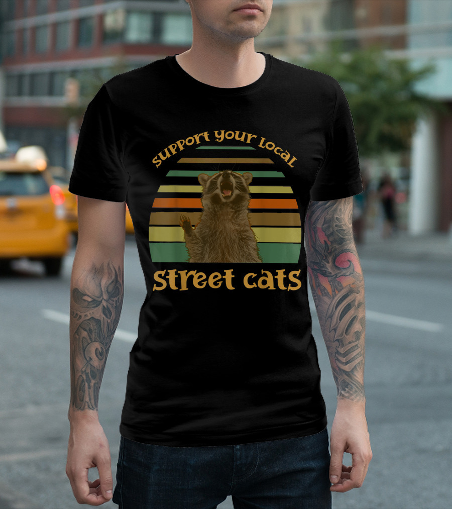 Support Your Local Street Cats Raccoon Retro Stripes T-Shirt