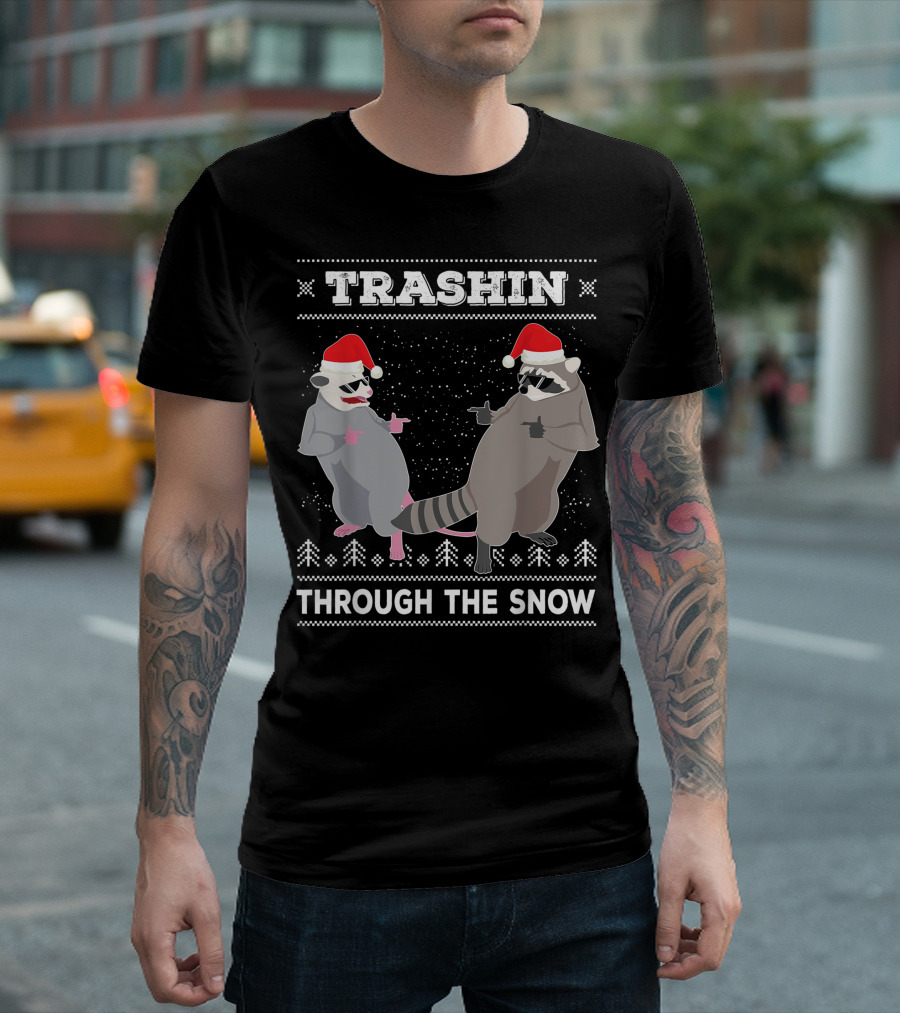 Trashin Through The Snow Opossum Raccoon Santa T-Shirt