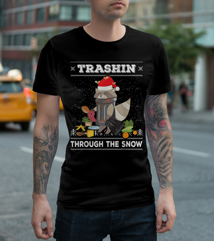 Trashin Through The Snow Raccoon Santa Garbage Bin Holiday T-Shirt