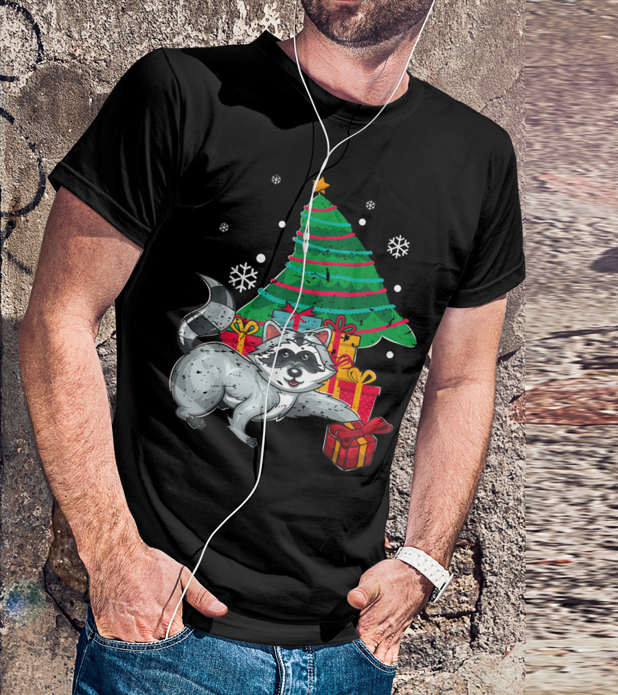 Christmas Raccoon With Presents And Snowflakes T-Shirt