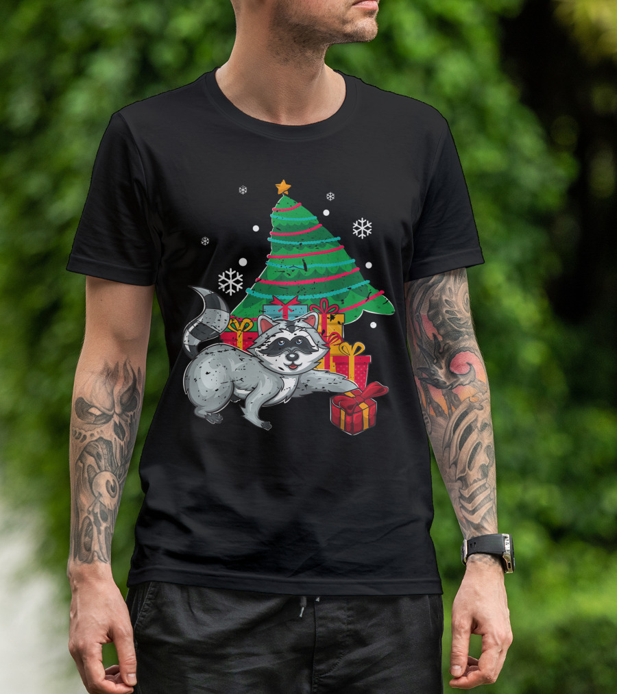 Christmas Raccoon With Presents And Snowflakes T-Shirt