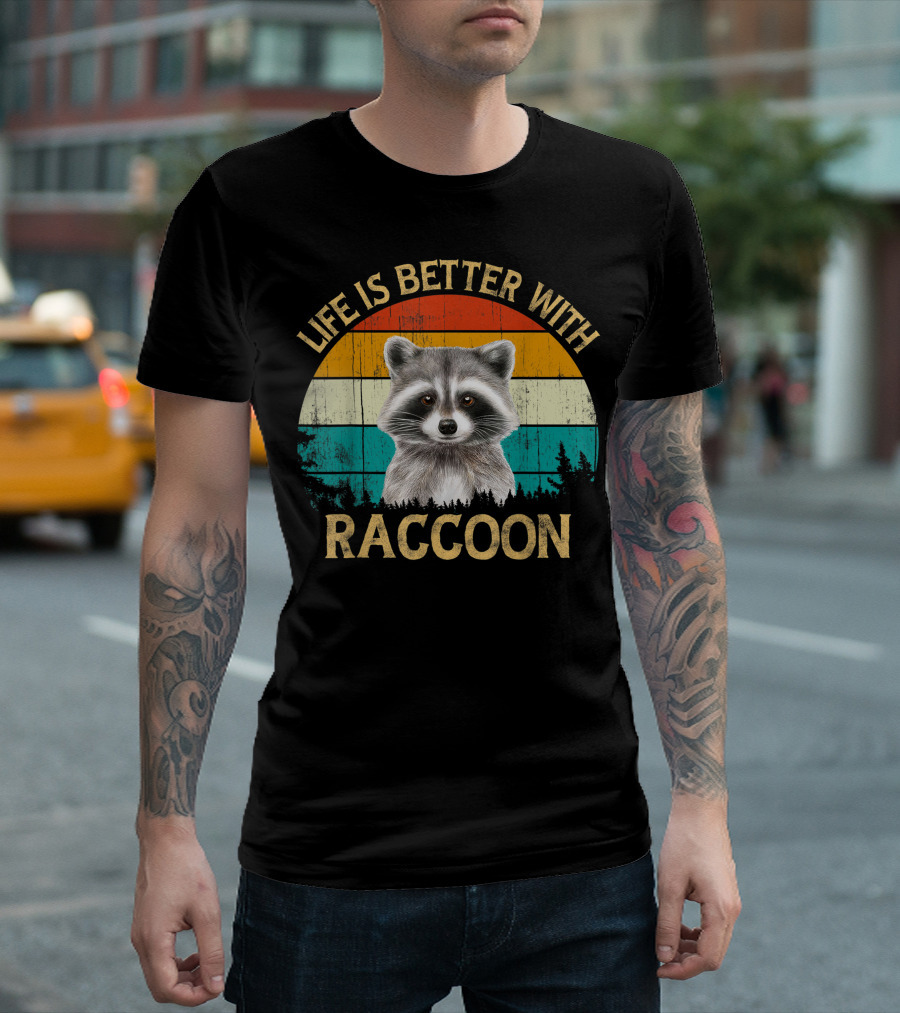 Life Is Better With Raccoon Vintage Style Wildlife Retro Sunset T-Shirt