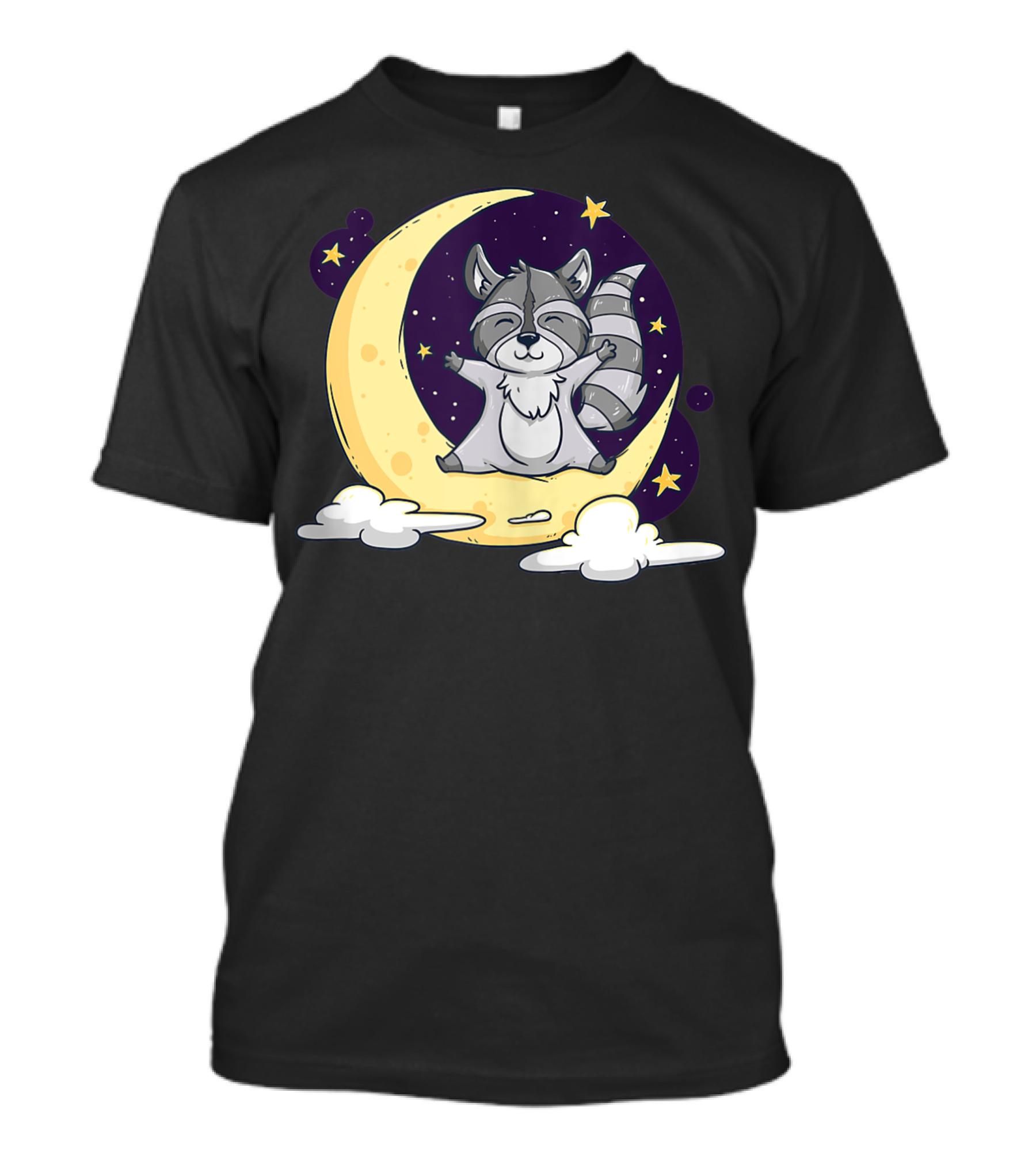 Cute Raccoon On Crescent Moon In Space With Stars And Clouds T-Shirt