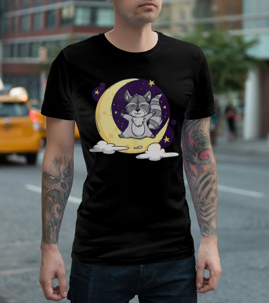 Cute Raccoon On Crescent Moon In Space With Stars And Clouds T-Shirt