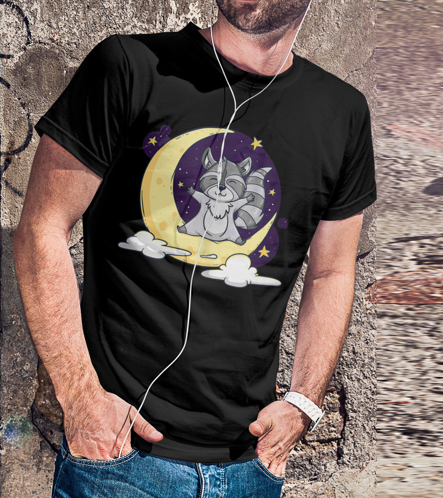 Cute Raccoon On Crescent Moon In Space With Stars And Clouds T-Shirt