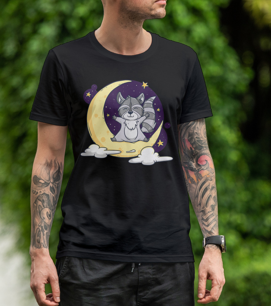 Cute Raccoon On Crescent Moon In Space With Stars And Clouds T-Shirt