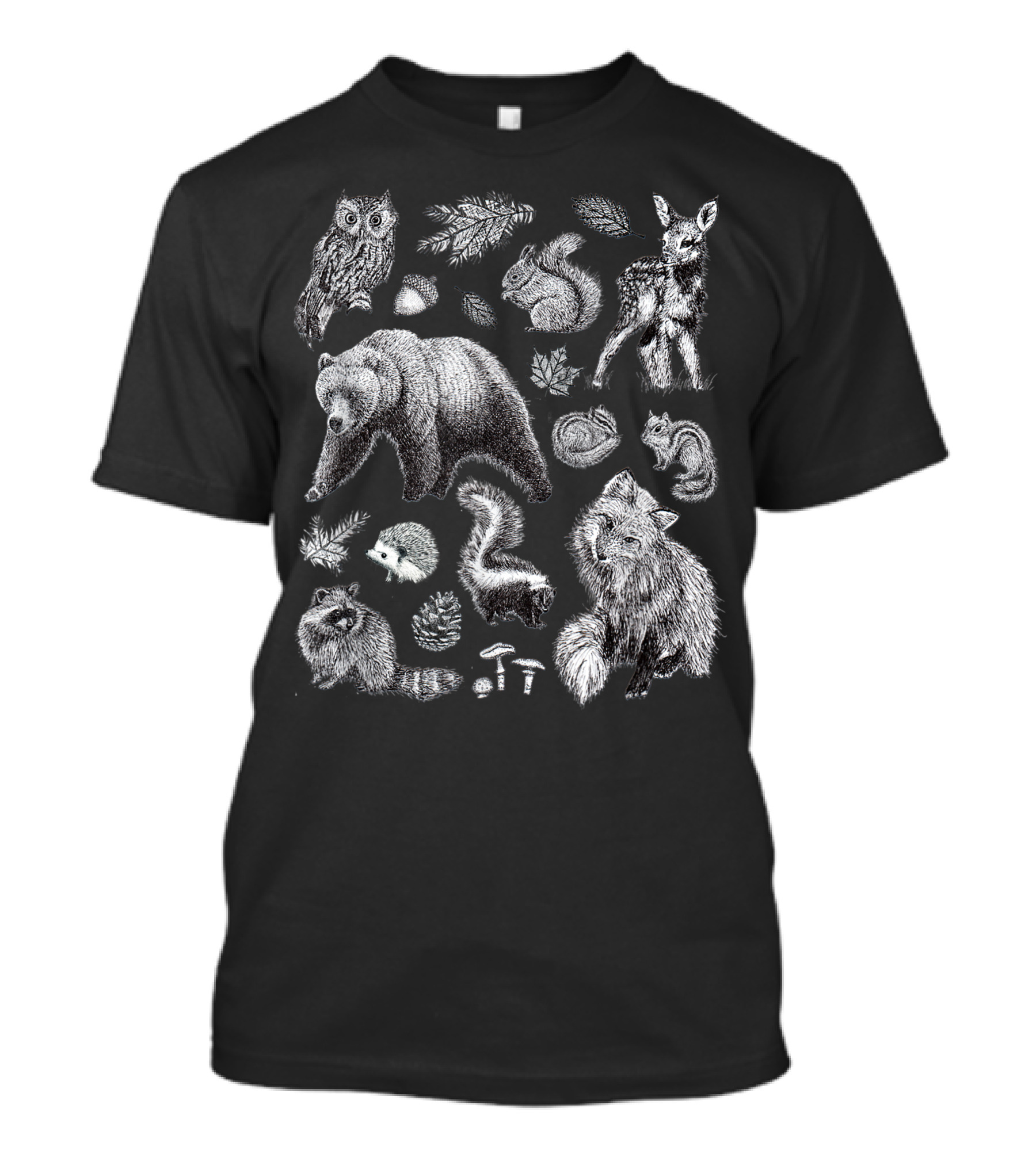 Woodland Animals Forest Bear Deer Owl Fox Squirrel Raccoon Hedgehog Skunk Pinecones Mushrooms Mens Womens Kids T-Shirt