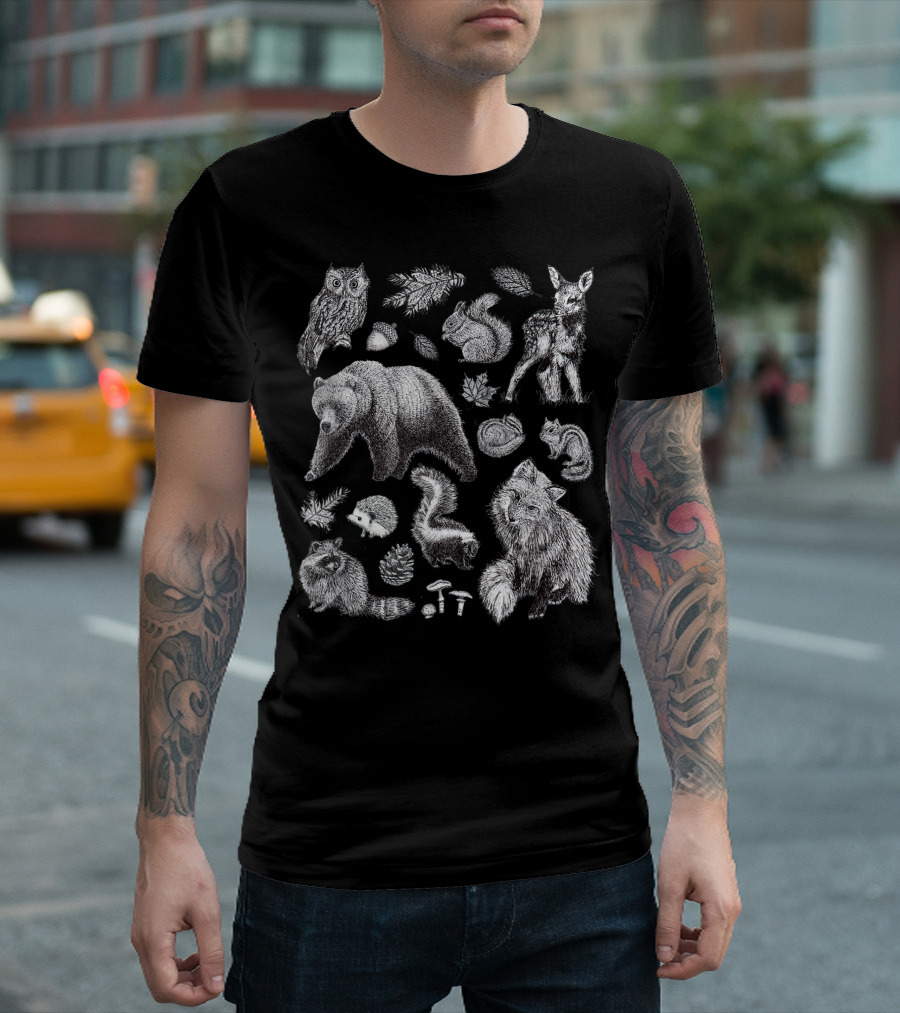 Woodland Animals Forest Bear Deer Owl Fox Squirrel Raccoon Hedgehog Skunk Pinecones Mushrooms Mens Womens Kids T-Shirt