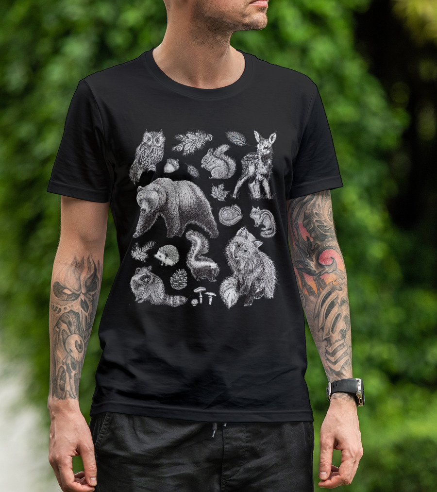 Woodland Animals Forest Bear Deer Owl Fox Squirrel Raccoon Hedgehog Skunk Pinecones Mushrooms Mens Womens Kids T-Shirt