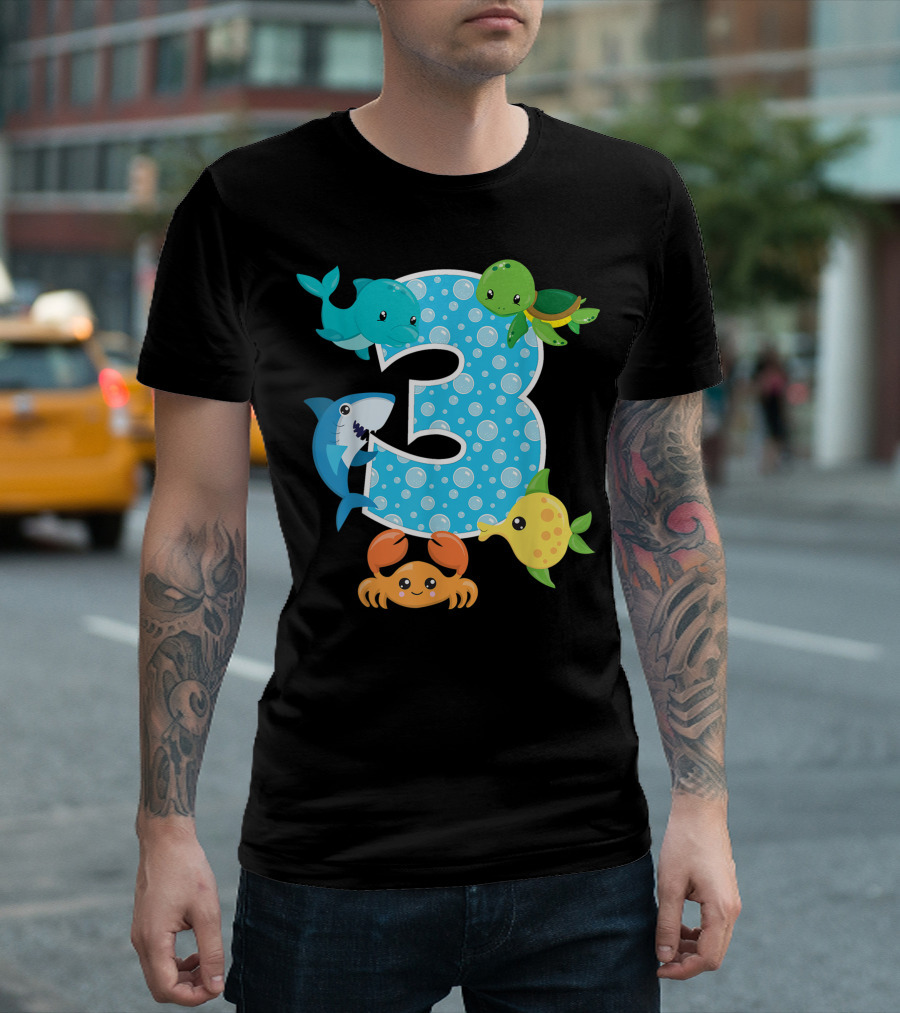 3Rd Birthday Party 3 Year Old Sea Turtle Shark Crab Fish Aquarium Birthday Boy T-Shirt