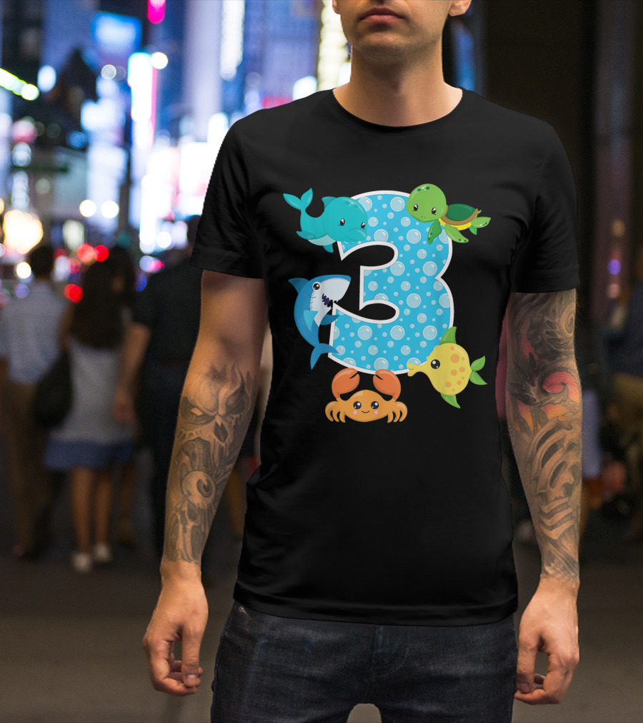 3Rd Birthday Party 3 Year Old Sea Turtle Shark Crab Fish Aquarium Birthday Boy T-Shirt