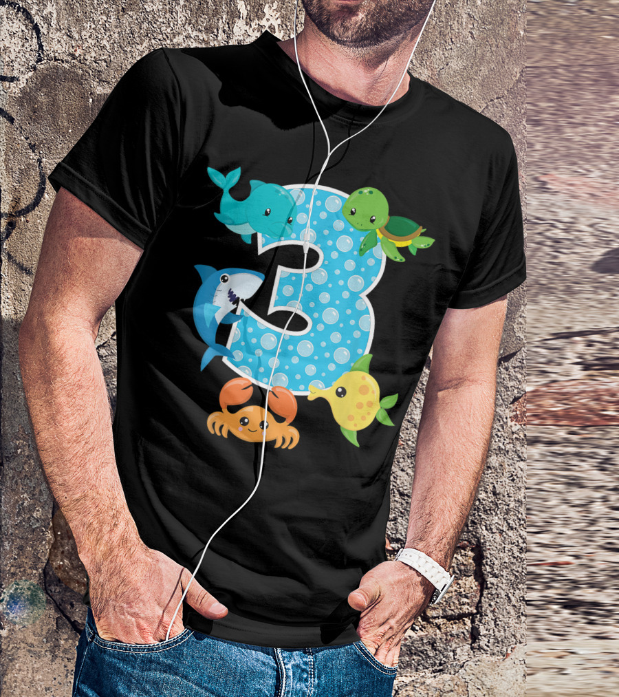 3Rd Birthday Party 3 Year Old Sea Turtle Shark Crab Fish Aquarium Birthday Boy T-Shirt