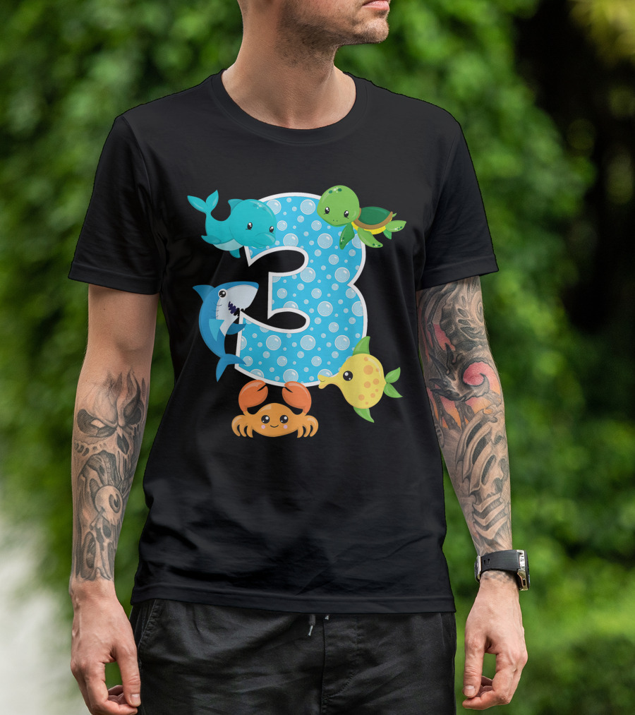3Rd Birthday Party 3 Year Old Sea Turtle Shark Crab Fish Aquarium Birthday Boy T-Shirt