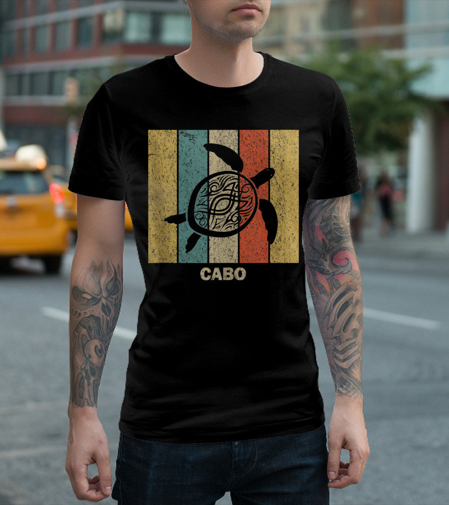 Cabo 80s Tribal Sea Turtle Vintage Retro Stripes T-Shirt