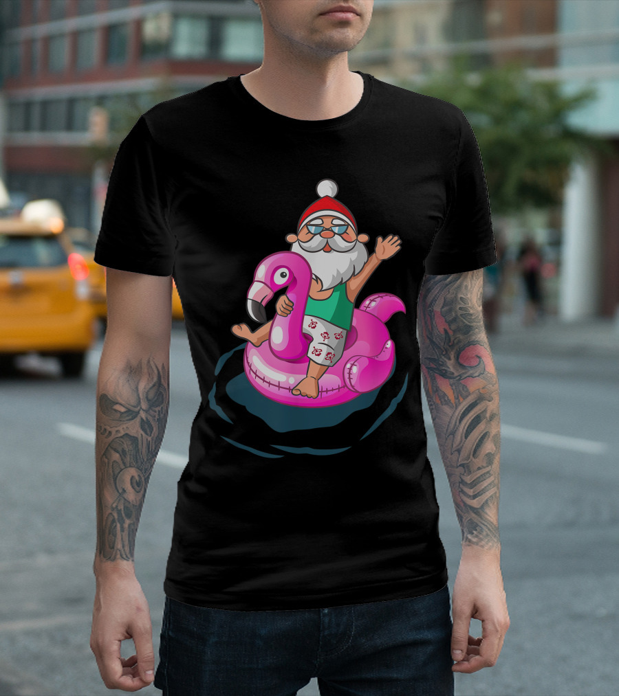 Santa on Flamingo Float Christmas in July Hawaiian Summer Surf T-Shirt