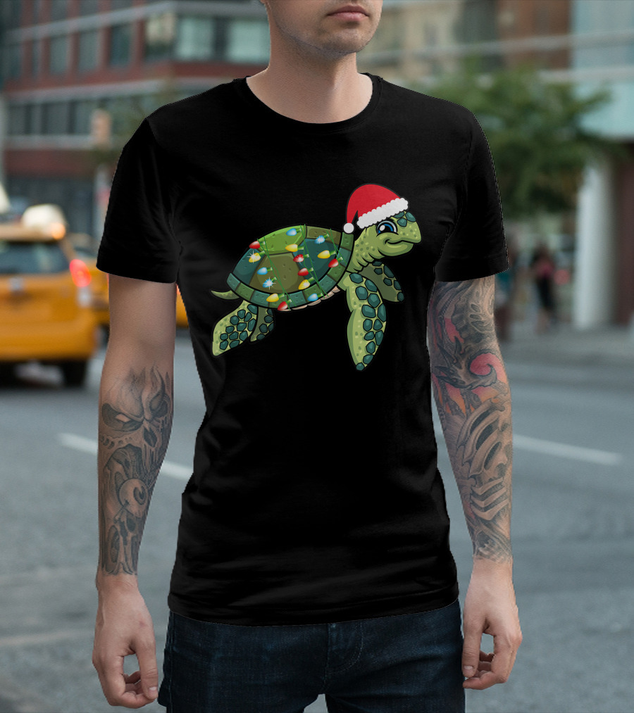 Christmas Sea Turtle Santa Hat Holiday Lights T-Shirt