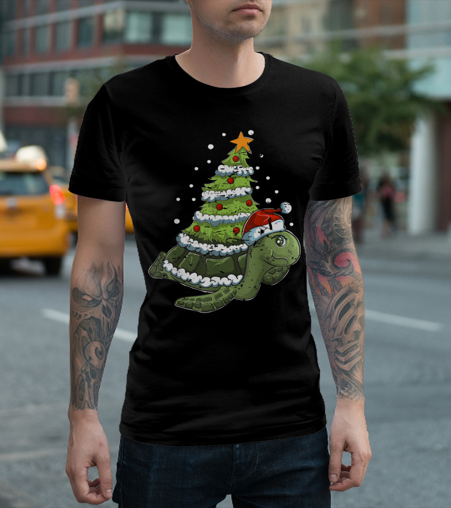Christmas Tree Turtle In Santa Hat T-Shirt