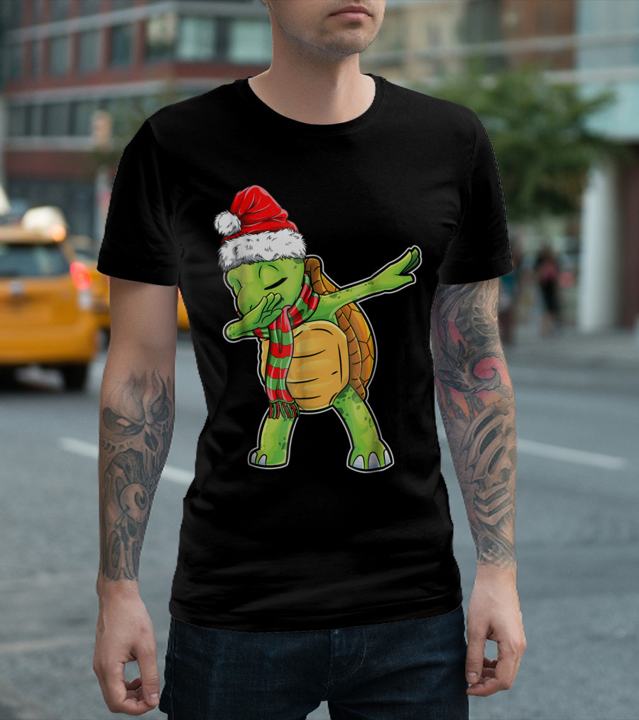 Dabbing Turtle Christmas Santa Hat Scarf T-Shirt