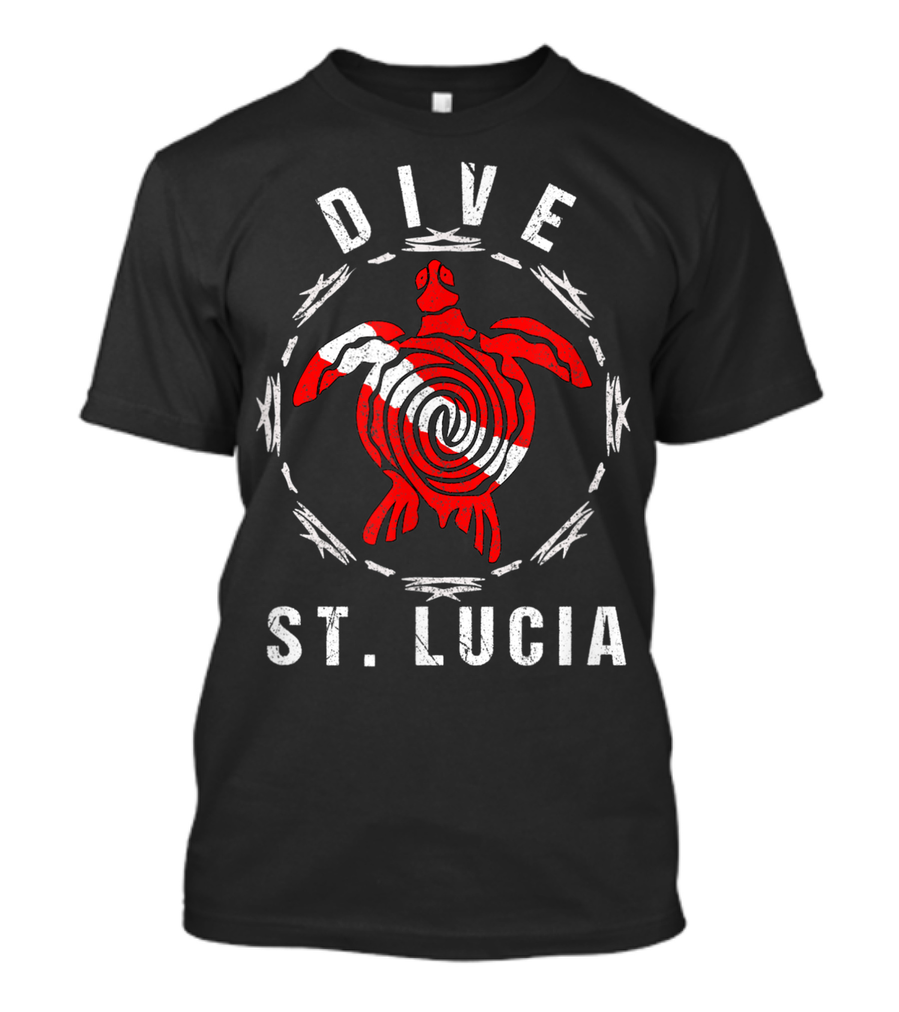 Dive St Lucia Tribal Turtle Vintage Design With Red Turtle And Dive Flag T-Shirt