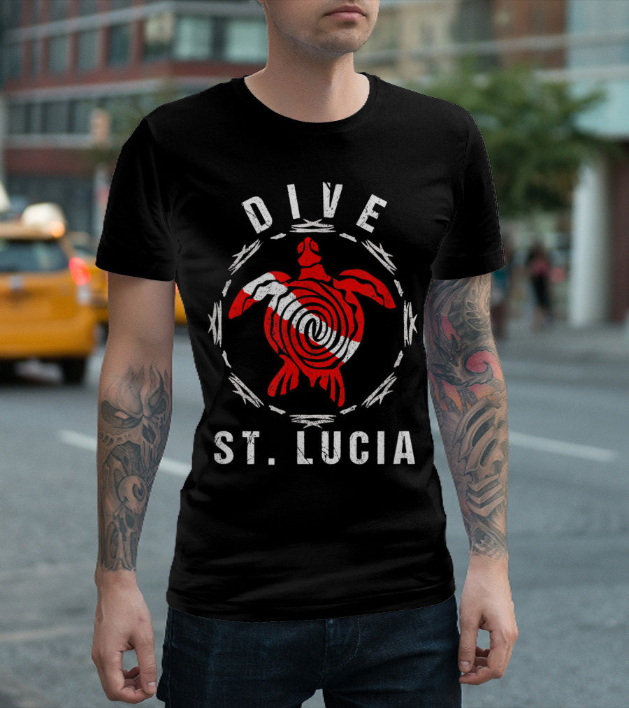 Dive St Lucia Tribal Turtle Vintage Design With Red Turtle And Dive Flag T-Shirt