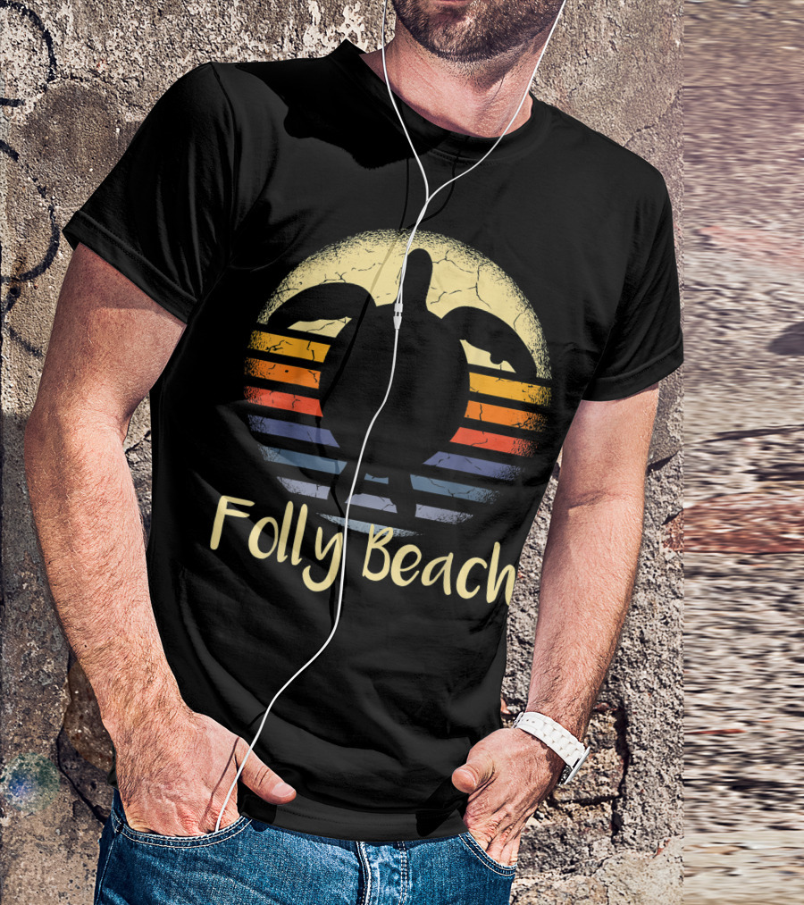 Folly Beach South Carolina Loggerhead Sea Turtle Sunset Vintage Stripes T-Shirt
