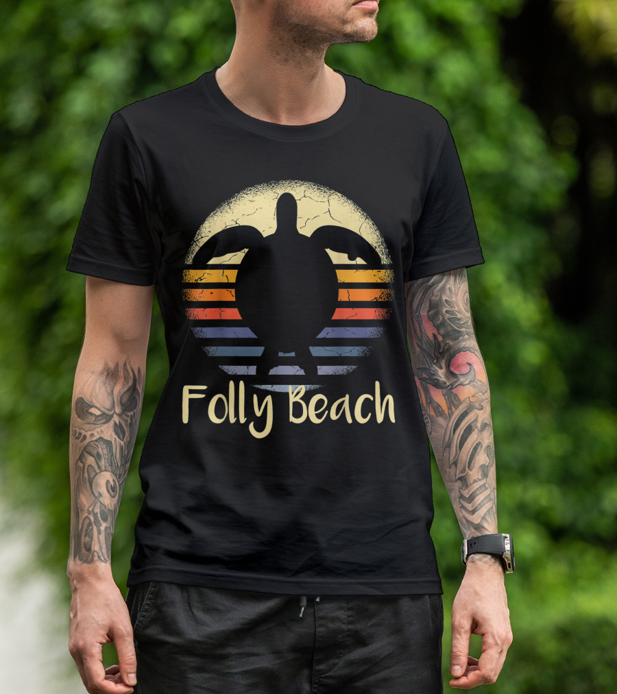 Folly Beach South Carolina Loggerhead Sea Turtle Sunset Vintage Stripes T-Shirt