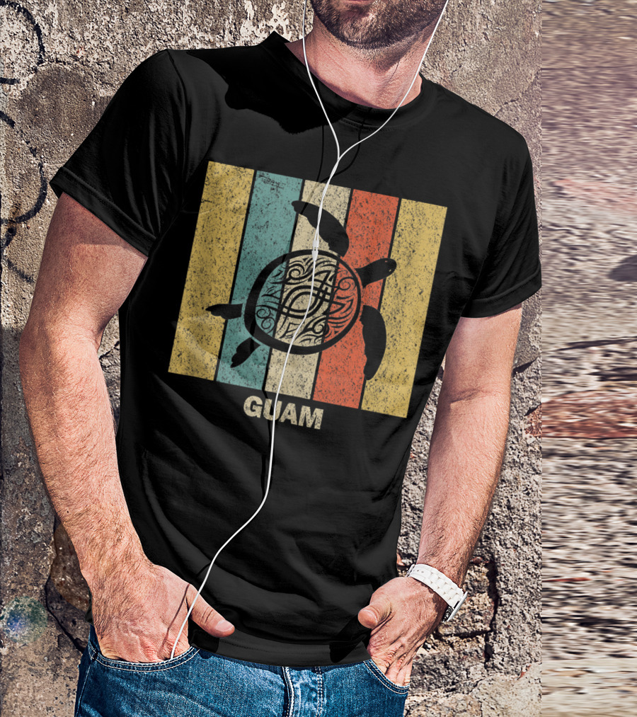 Guam 80s Tribal Sea Turtle Vintage Stripes T-Shirt