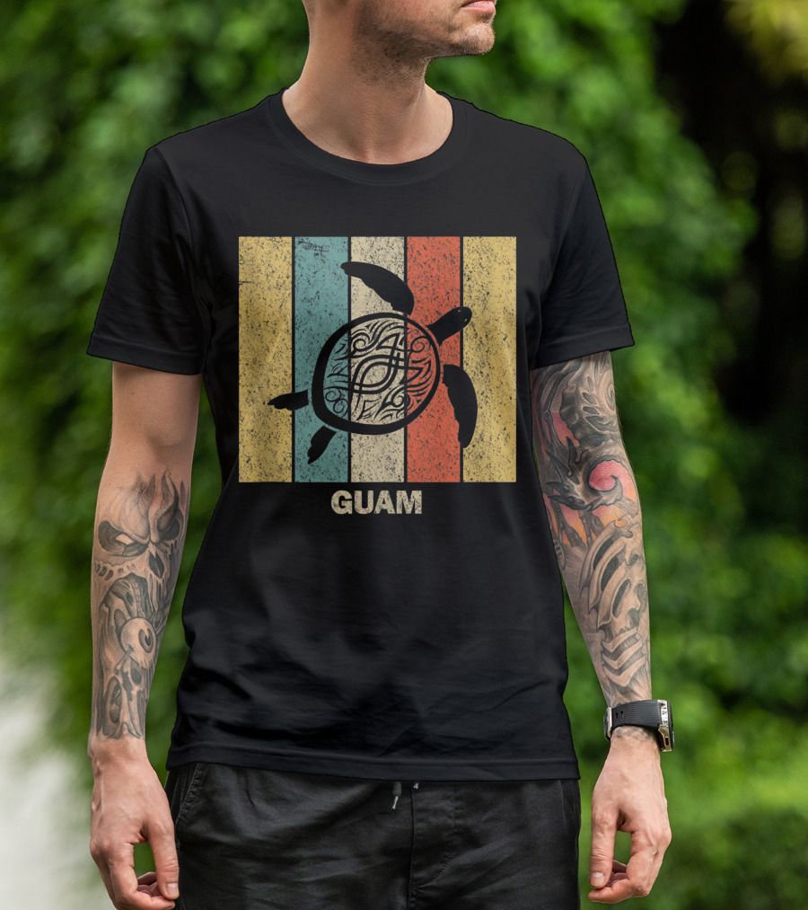 Guam 80s Tribal Sea Turtle Vintage Stripes T-Shirt