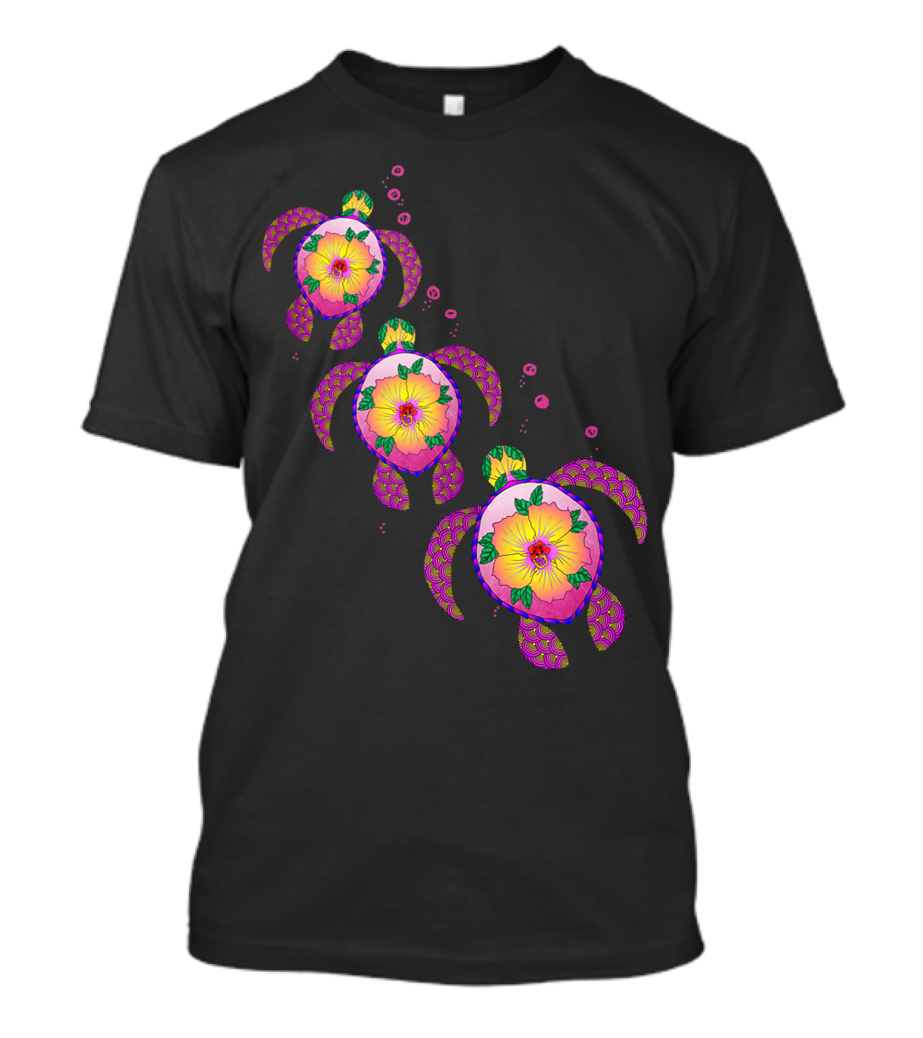 Hawaiian Ohana Honu Sea Turtles Vibrant Tropical Floral T-Shirt