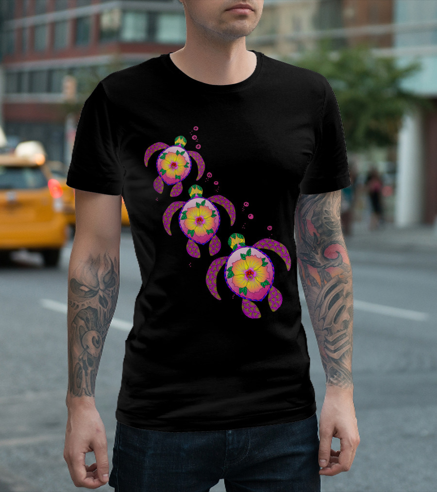 Hawaiian Ohana Honu Sea Turtles Vibrant Tropical Floral T-Shirt