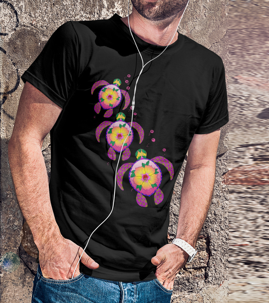 Hawaiian Ohana Honu Sea Turtles Vibrant Tropical Floral T-Shirt