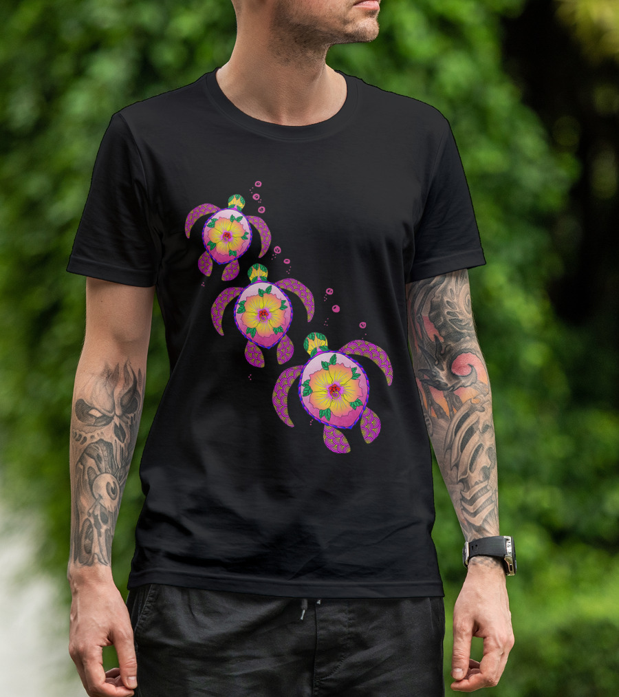 Hawaiian Ohana Honu Sea Turtles Vibrant Tropical Floral T-Shirt