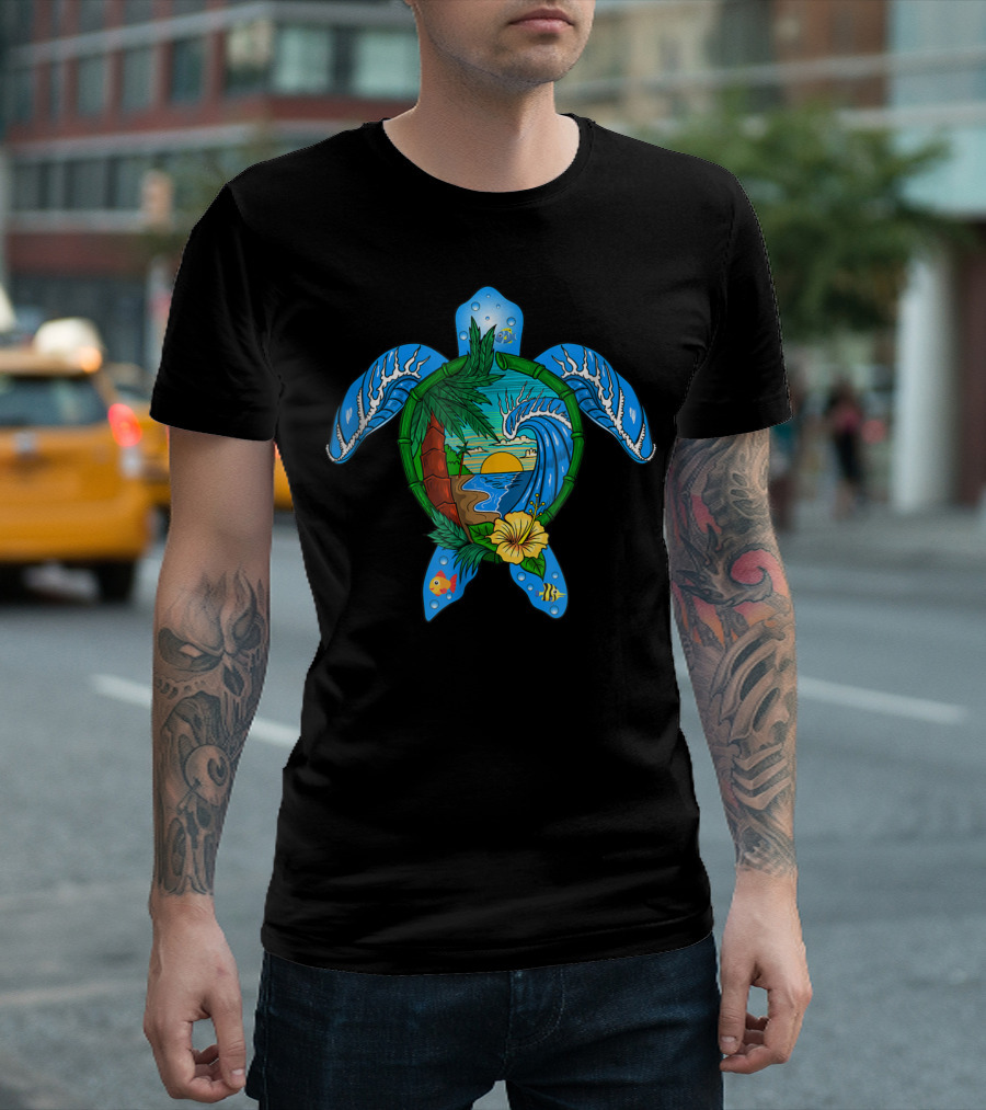 Hawaiian Sea Turtle Sunset Wave Beach Scene Hawaii W4 T-Shirt