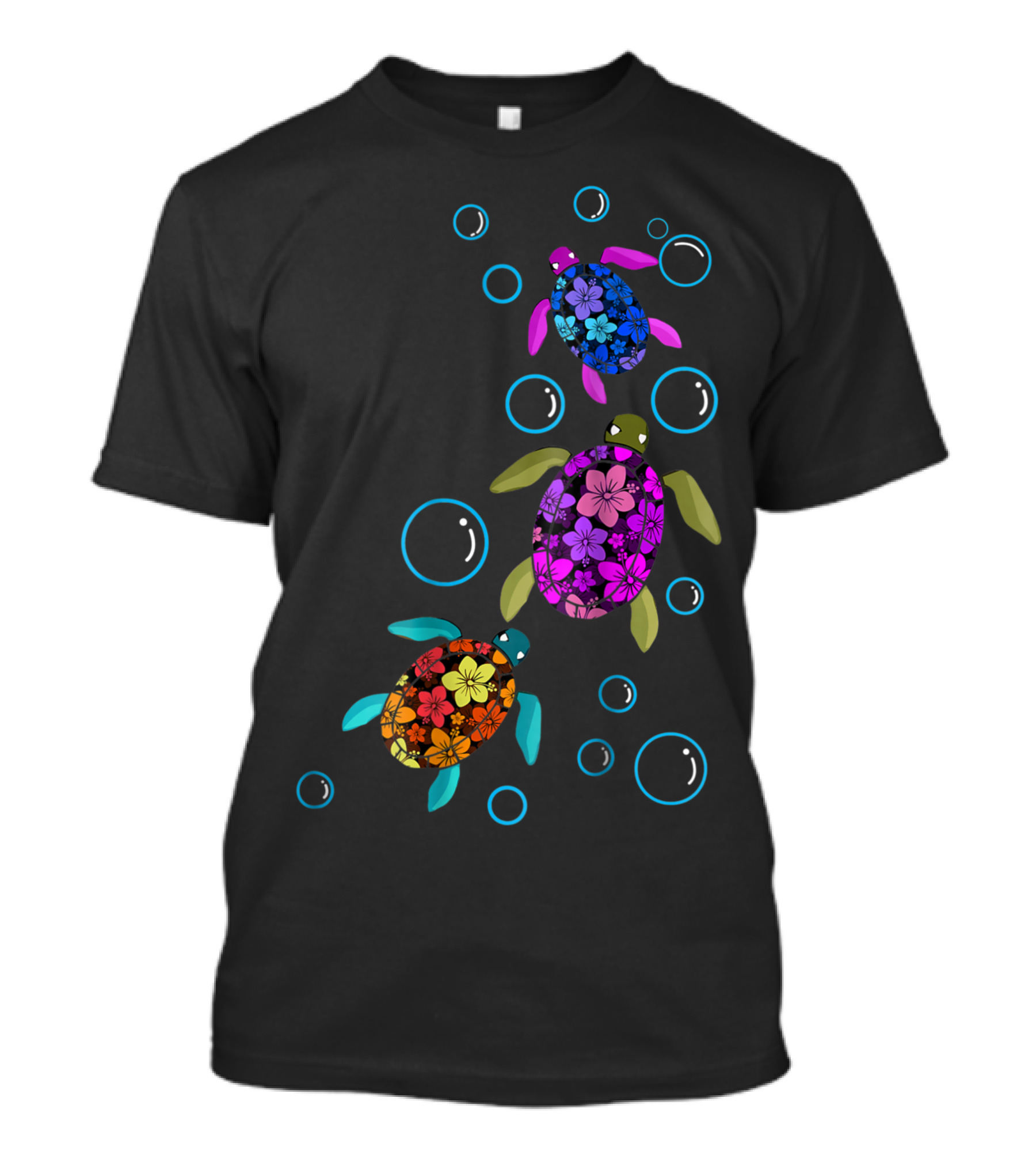 Hawaiian Sea Turtle Tropical Colors Floral Pattern Bubbles T-Shirt