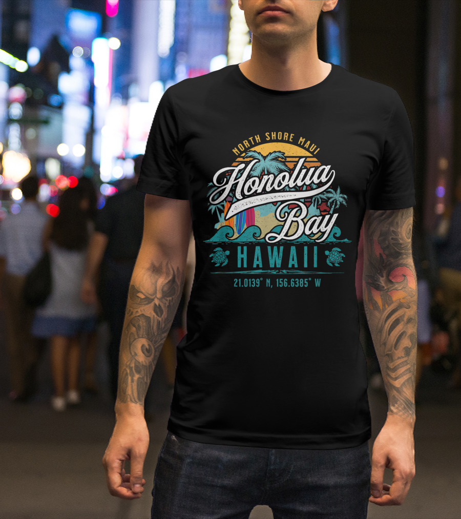 North Shore Maui Honolua Bay Hawaii Sun Surf Snorkel Coordinates Tropical Scene T-Shirt