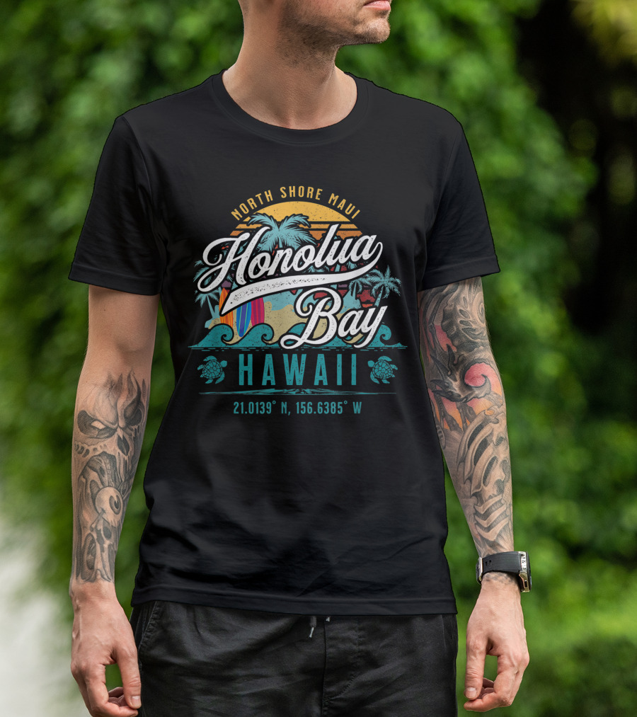 North Shore Maui Honolua Bay Hawaii Sun Surf Snorkel Coordinates Tropical Scene T-Shirt