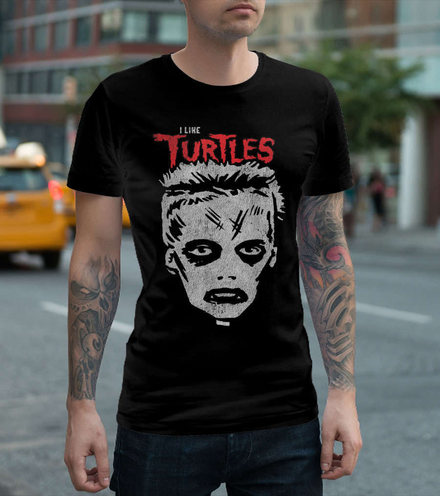 I Like Turtles Zombie Boy Skull Face Retro Horror T-Shirt