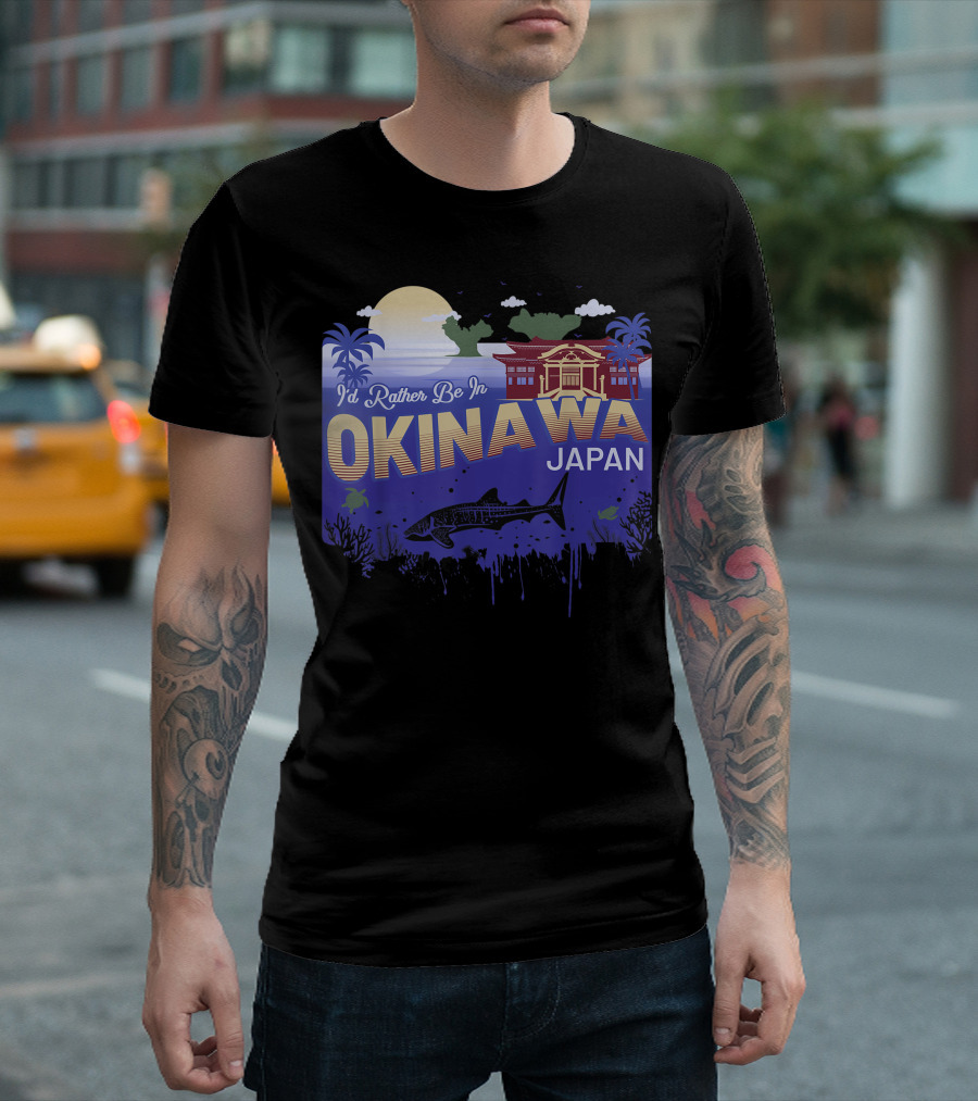 I'd Rather Be In Okinawa Japan Vintage Sunset Palm Trees Ocean Scene T-Shirt