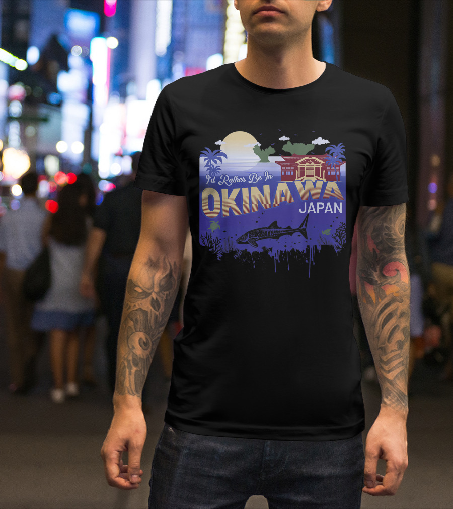 I'd Rather Be In Okinawa Japan Vintage Sunset Palm Trees Ocean Scene T-Shirt