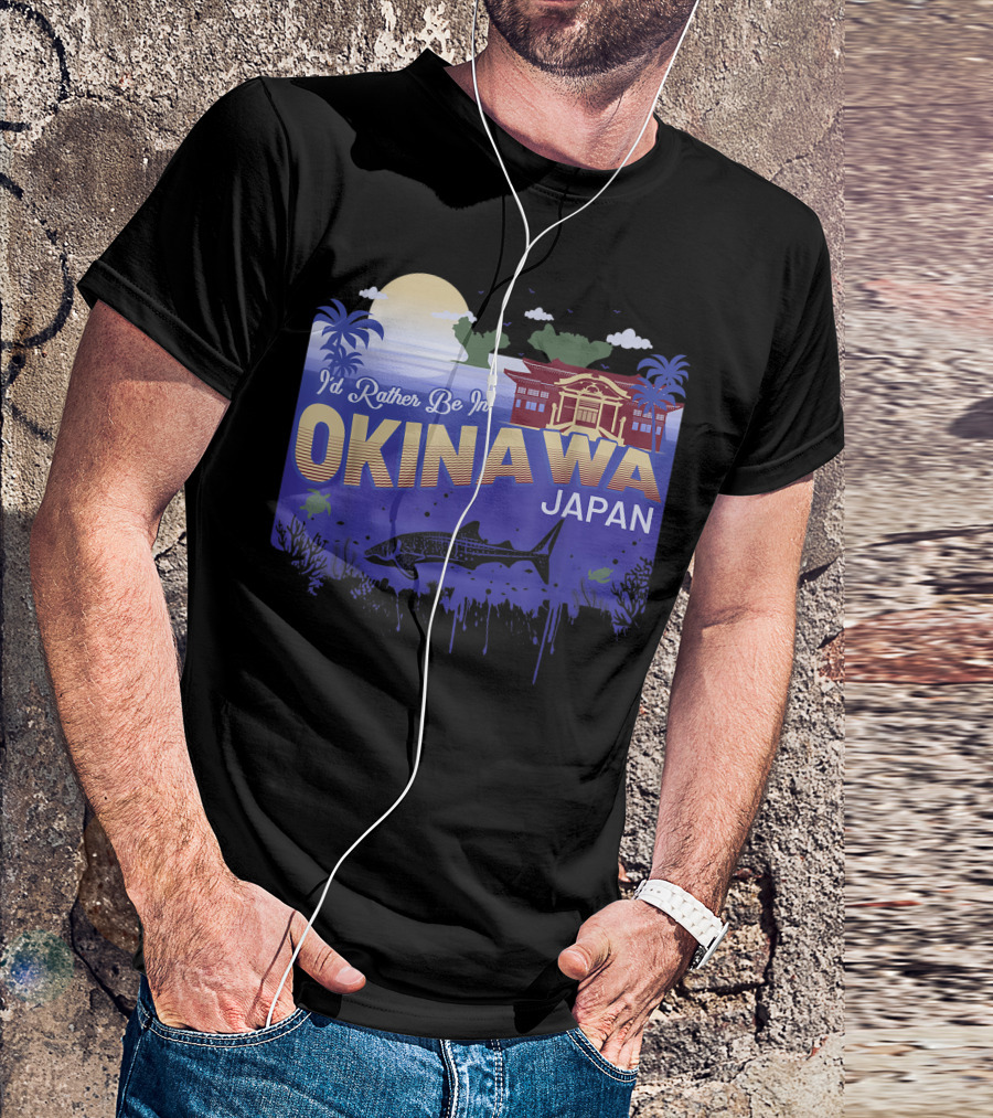 I'd Rather Be In Okinawa Japan Vintage Sunset Palm Trees Ocean Scene T-Shirt