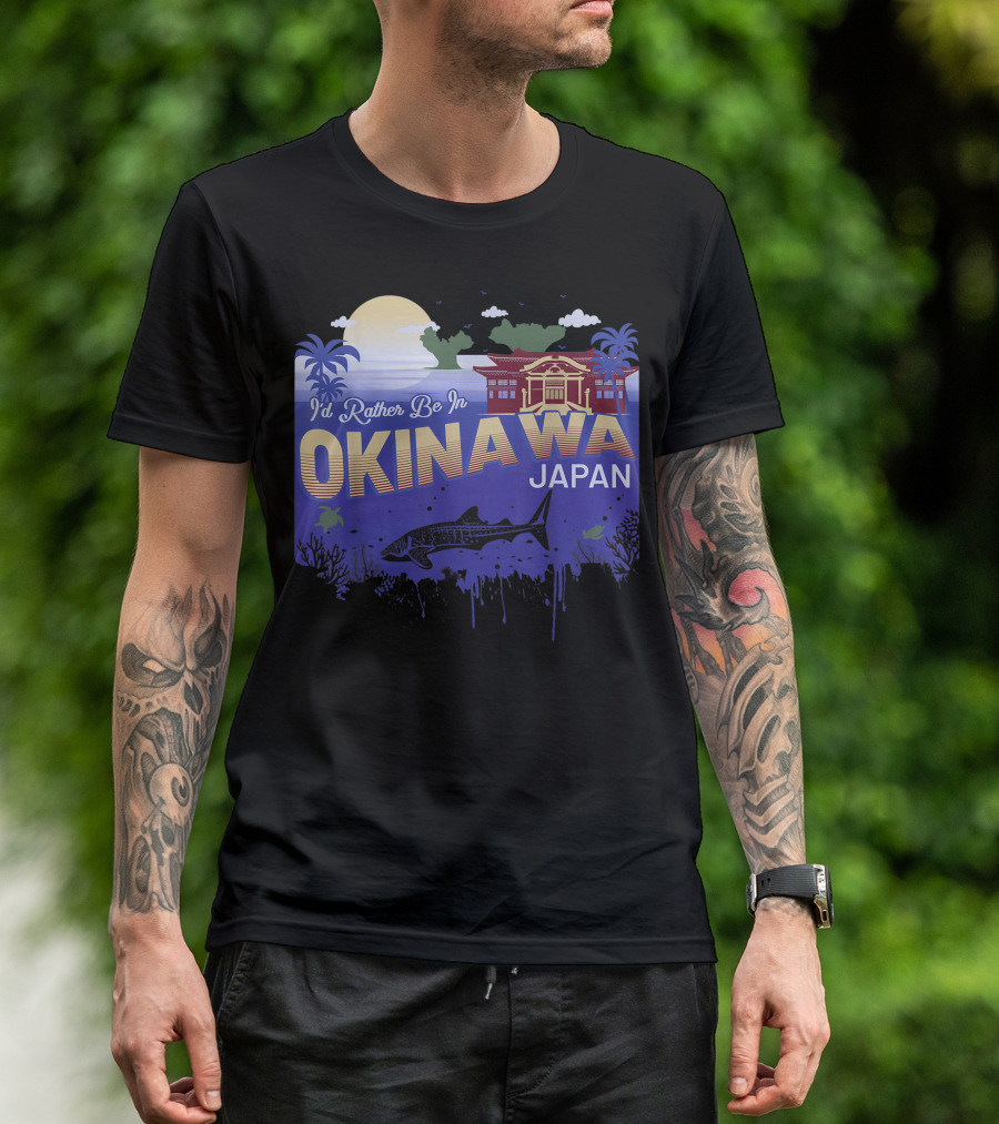 I'd Rather Be In Okinawa Japan Vintage Sunset Palm Trees Ocean Scene T-Shirt