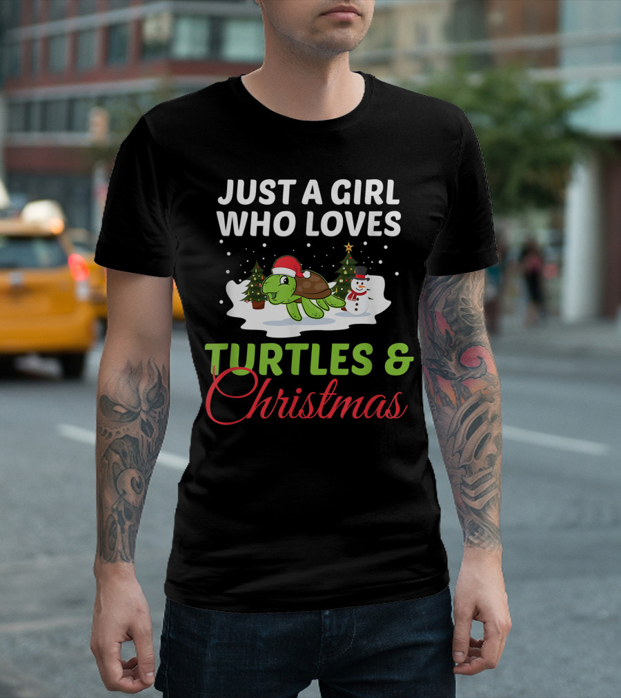 Just A Girl Who Loves Turtles And Christmas Snowman Santa Hat Trees T-Shirt