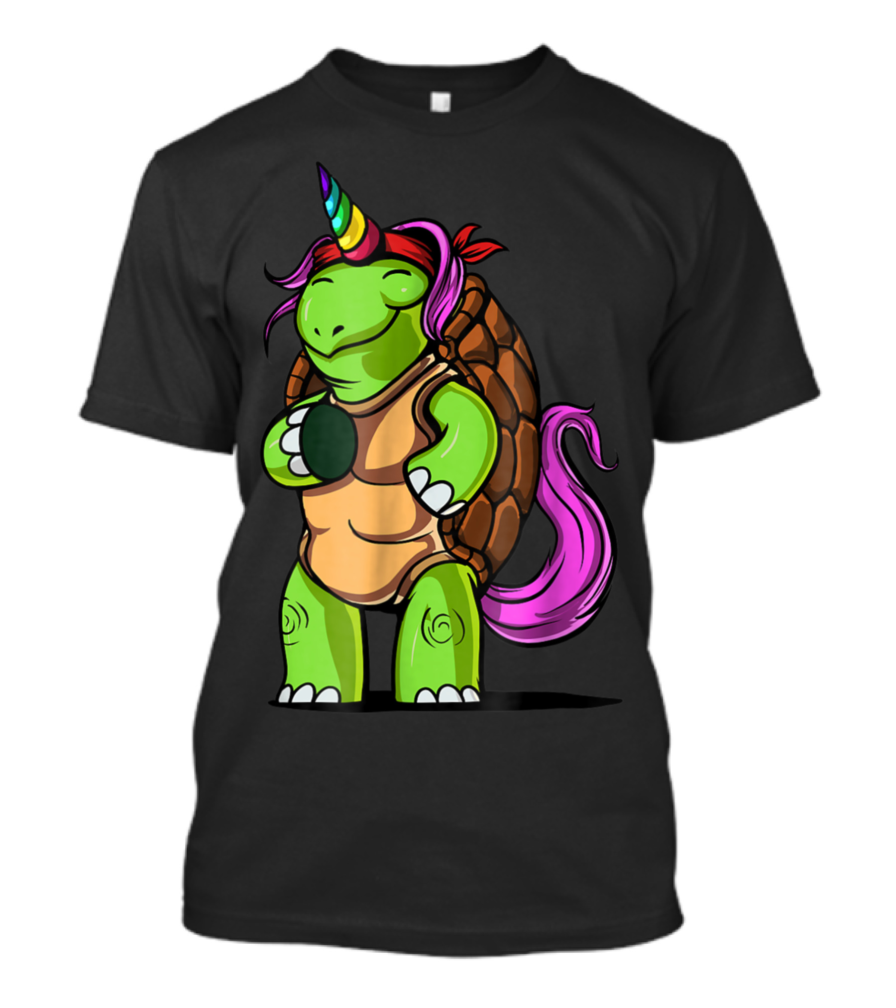 Magical Rainbow Horned Turtle Tortoise Unicorn With Pink Mane And Tail T-Shirt