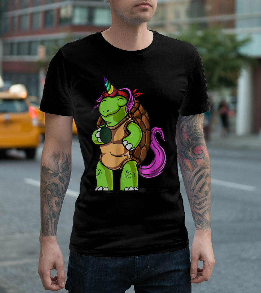 Magical Rainbow Horned Turtle Tortoise Unicorn With Pink Mane And Tail T-Shirt