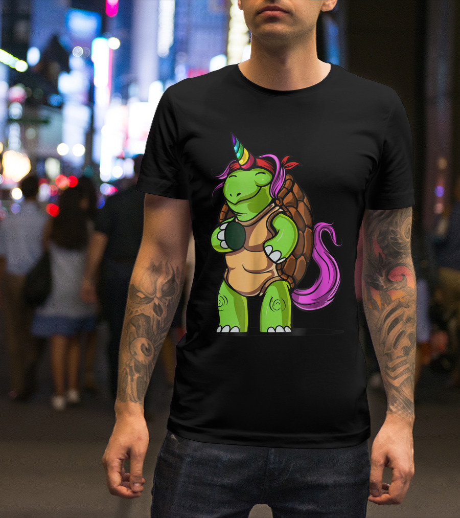 Magical Rainbow Horned Turtle Tortoise Unicorn With Pink Mane And Tail T-Shirt